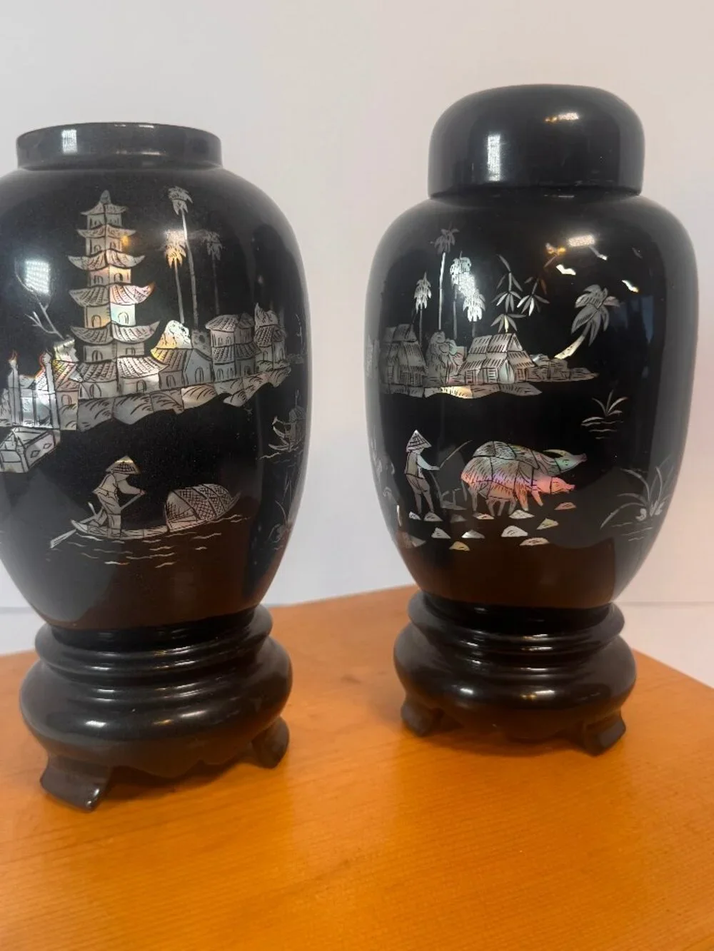 Vintage black lacquer vase/vessel with traditional East Asian-style inlay